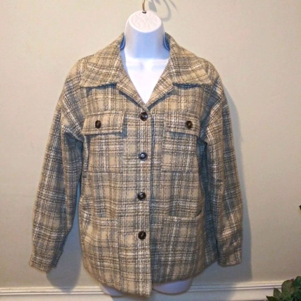 Pink Lily Tan, Gray & White Plaid Shacket